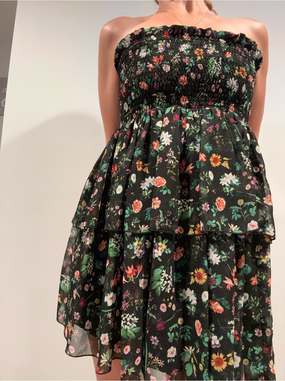 T2 Love Black Floral Smocked-Waist Midi Skirt